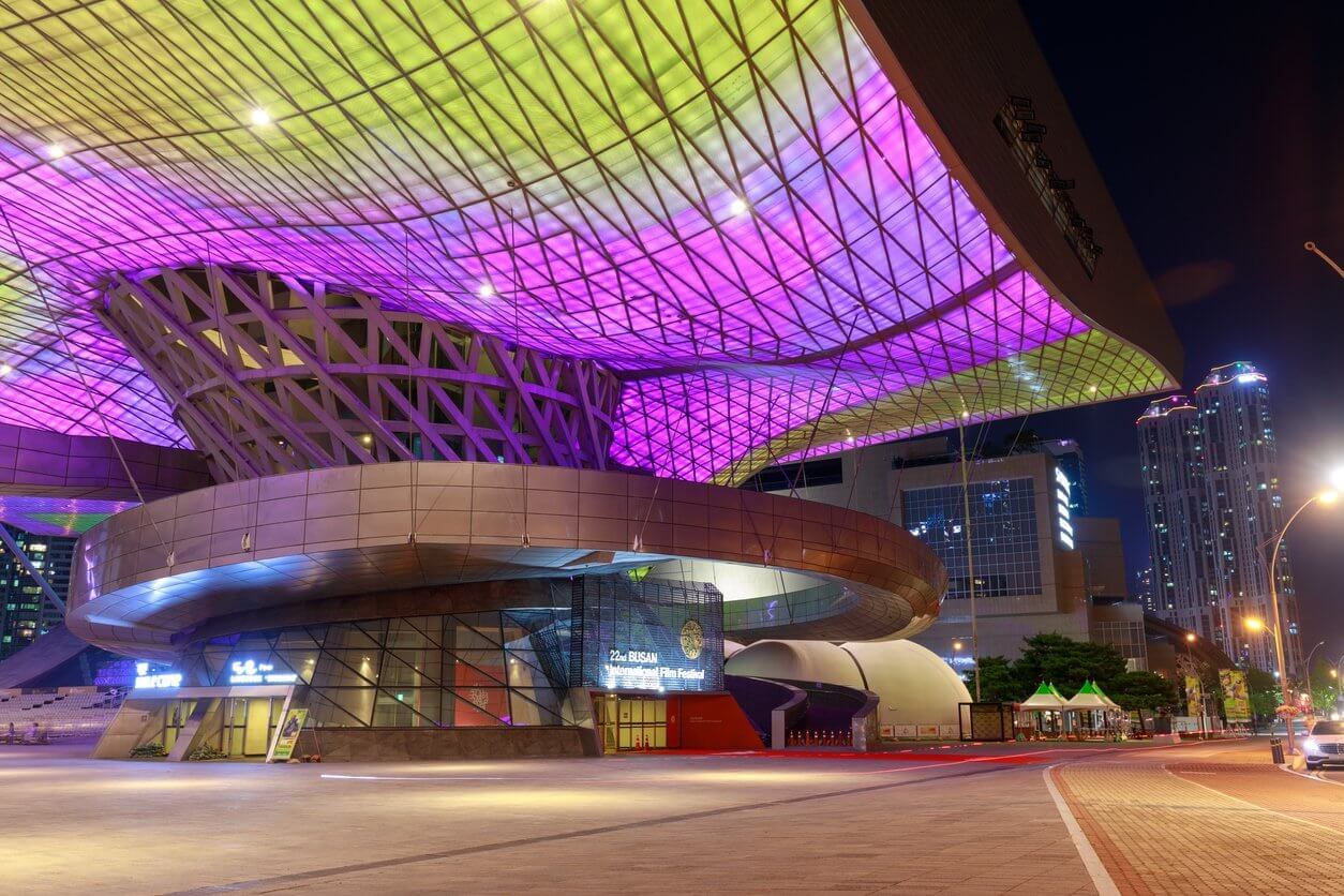 Busan, South Korea Aug 20, 2018 : Roof full of LED lights viewed from below and exterior of the Busan Cinema Center (also called "Dureraum")