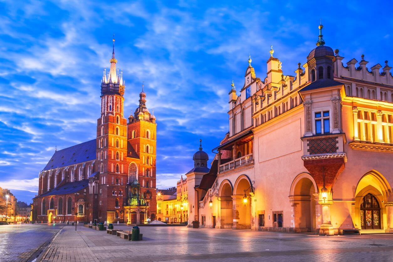 Krakow, Poland Medieval Ryenek Square, Cloth Hall and Cathedral