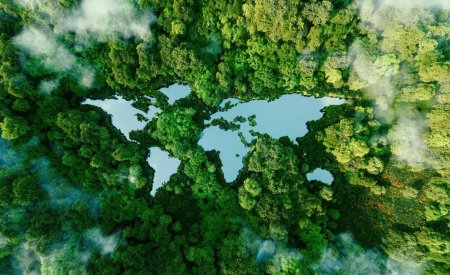 A lake in the shape of the world's continents in the middle of untouched nature. A metaphor for ecological travel, conservation, climate change, global warming and the fragility of nature.3d rendering