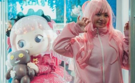 cosplay enthusiast in vibrant storefront setting